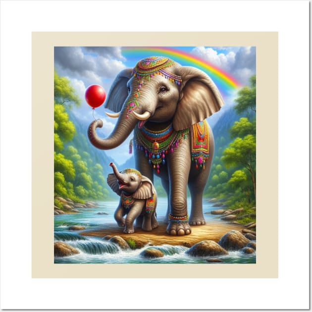 Happy mom Elephant with her baby colorful painting Wall Art by hippyhappy